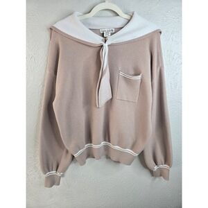 Sailor Collar Tie Front Sweater Large Tan Soft Knit Relaxed Lolia Sailorcore Top